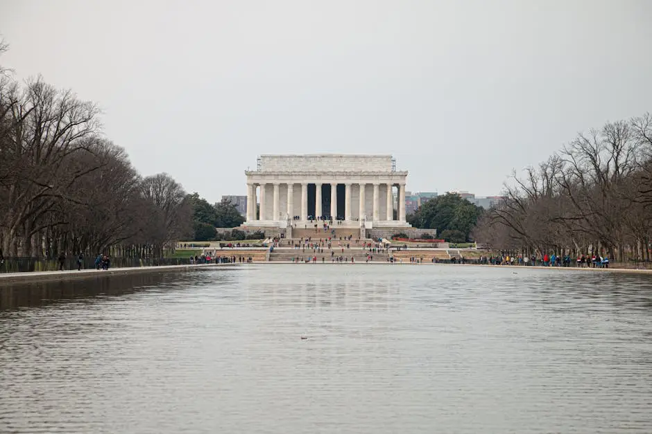 View of the Lincoln Memorial across the Reflecting Pool on a winter day in Washington DC.